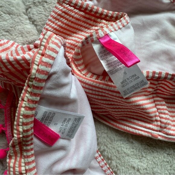 Betsey Johnson | Pink And Cream Seersucker Pompom Trimmed Bikini Set | Size 12 - Picture 7 of 7